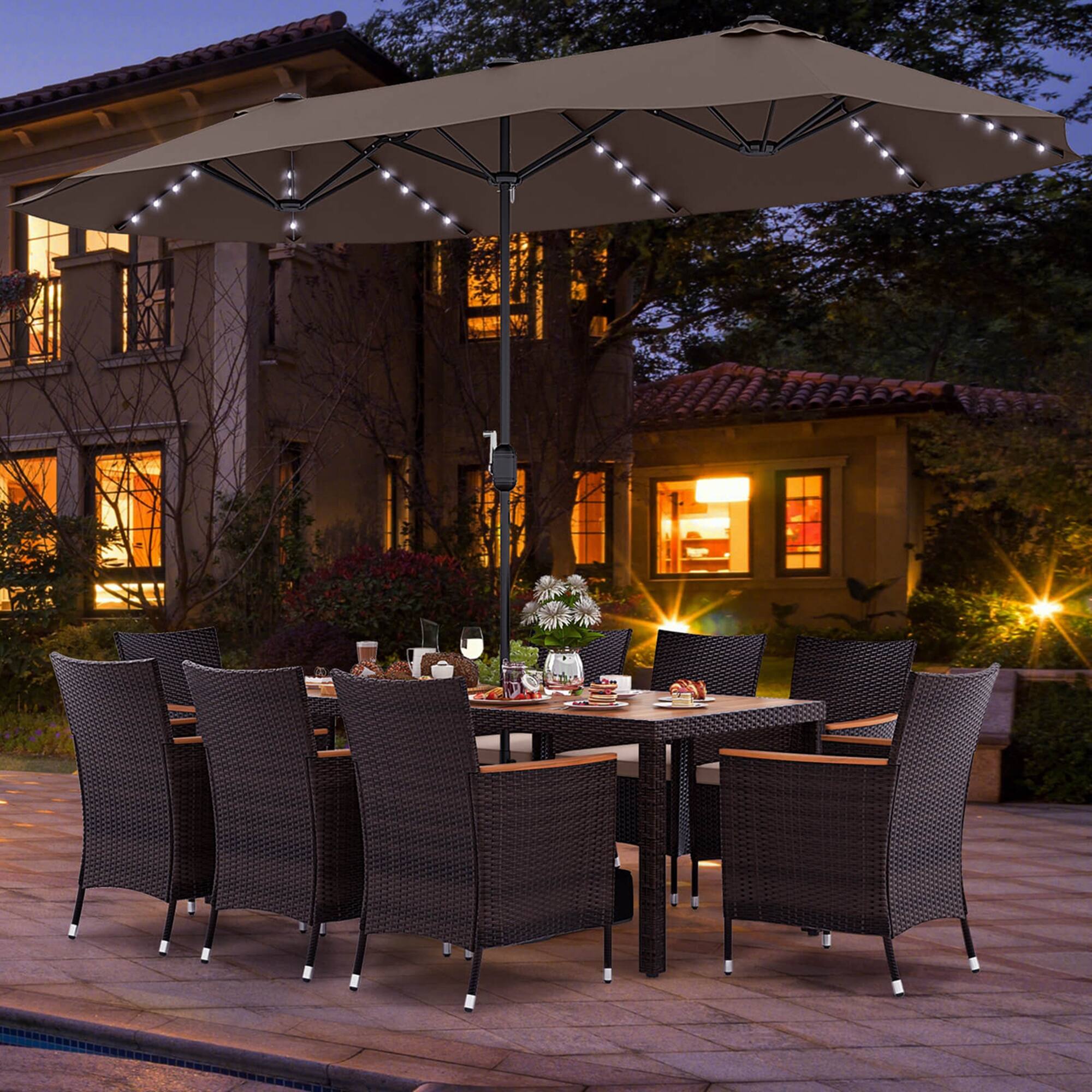 Alt View 4. Costway - 11 PCS Patio Dining Set with 15ft Double-Sided Patio Umbrella (Base Included) - Mix Brown + Coffee.