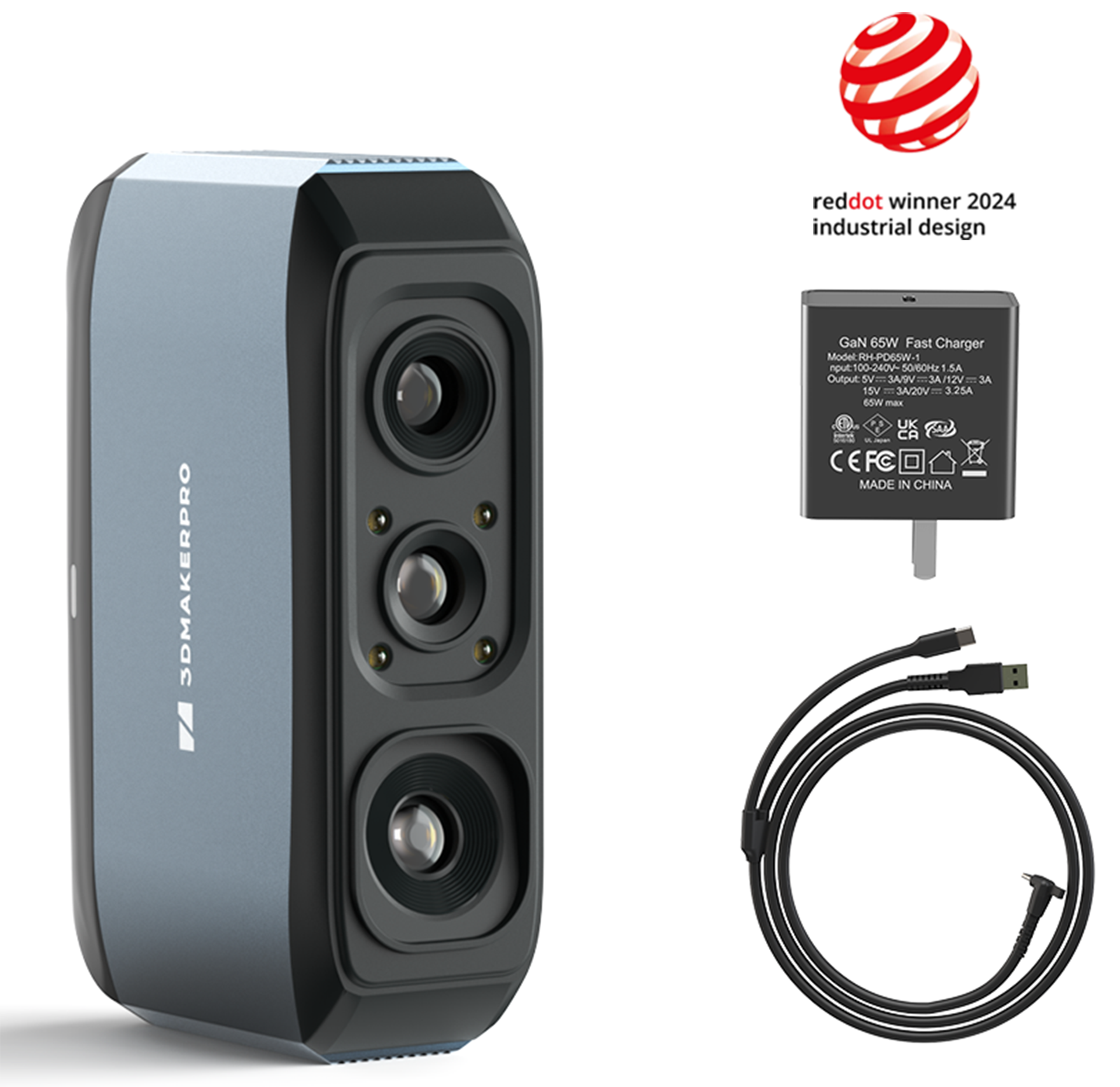 reddot winner 2024 industrial design DMAKERPRO GaN 65W Fast Charger Model: H-POSSW-1 Input 100-240V 50/60Hz 1.5A Output 5V 3A/12V 3A/20V 3.25A 65W mas UK FC MADE IN CHINA