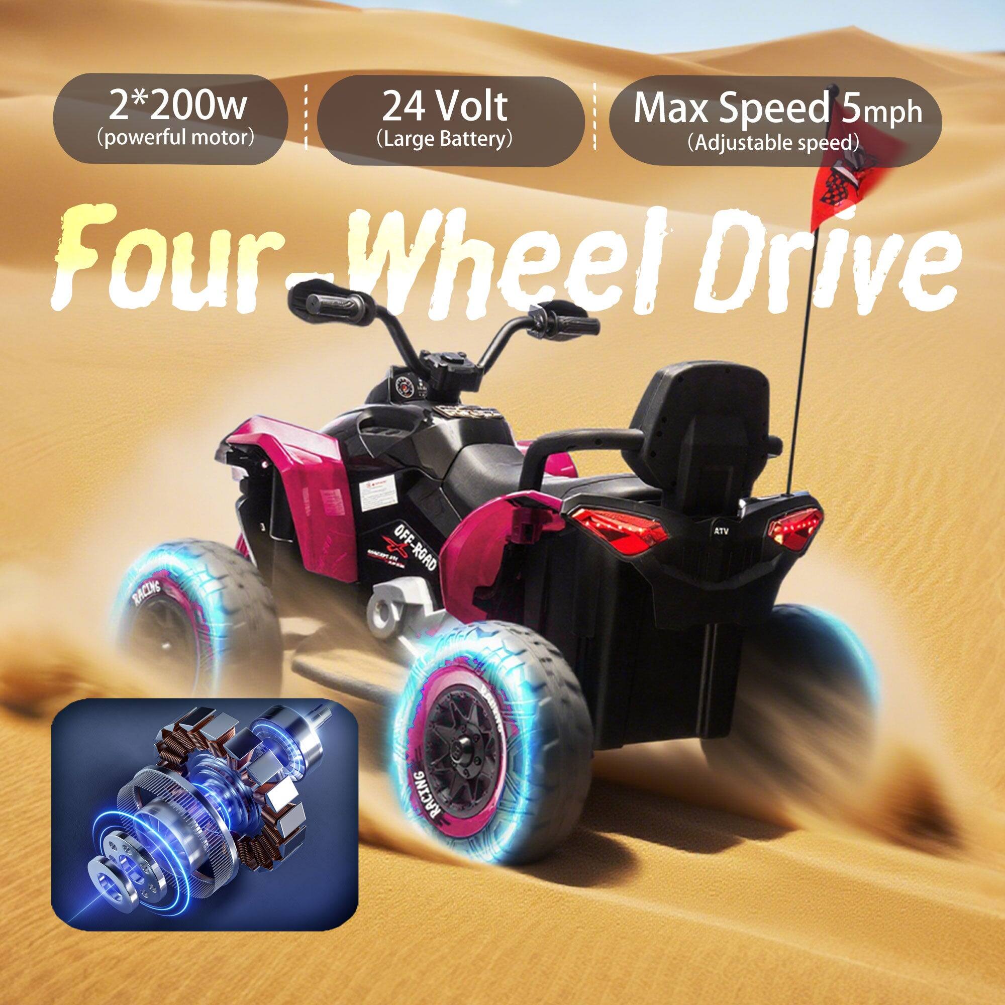 2*200w (powerful motor)  
24 Volt (Large Battery)  
Max Speed 5mph (Adjustable speed)  
Four-Wheel Drive  
OFF-ROAD RACING