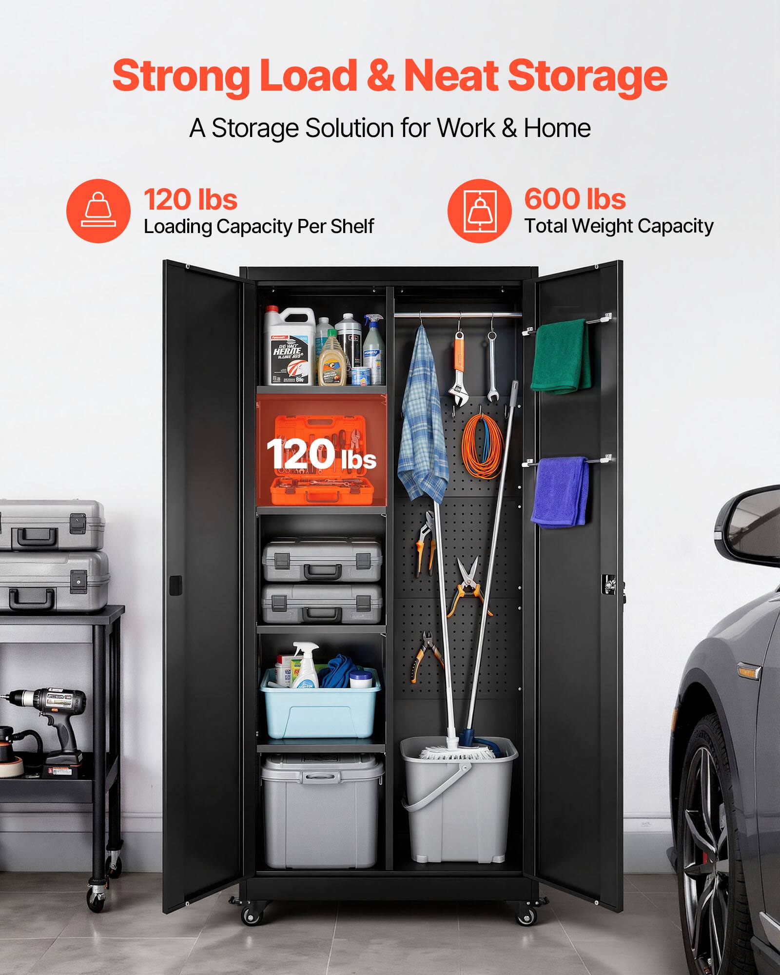 Strong Load & Neat Storage  
A Storage Solution for Work & Home  

120 lbs Loading Capacity Per Shelf  
600 lbs Total Weight Capacity  

HENITE 2