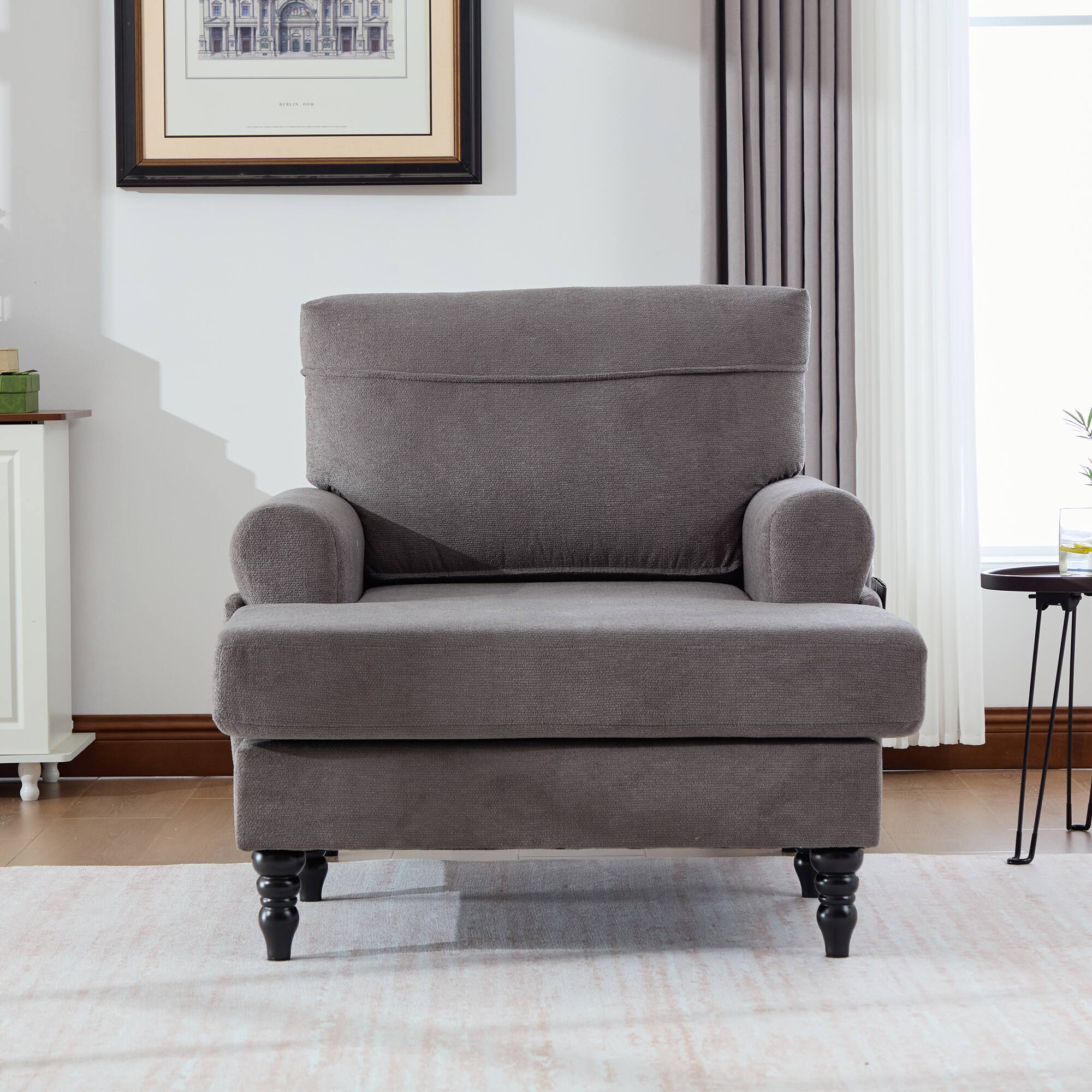 Left. Trinkets Crazed - Chenille Fabric Chaise Lounge Recliner Single Sofa Living Room Bedroom Rest Chair Wooden Sofa Legs - Dark Gray.