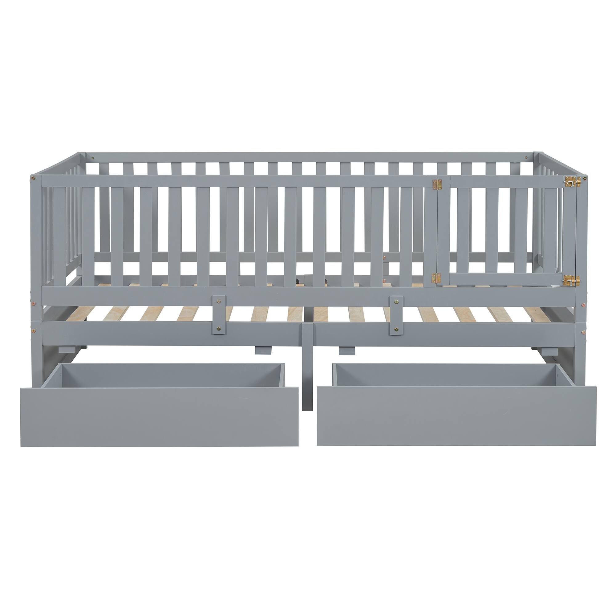 Alt View 1. Tiramisubest - Twin Size Wood Daybed with Fence Guardrails and 2 Drawers, Split into Independent Floor Bed & Daybed, Gray - Gray.
