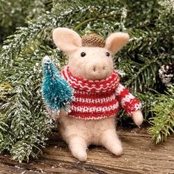 Angle. BreeBe - Pig with Tree Felted Ornament - Pink, Red.