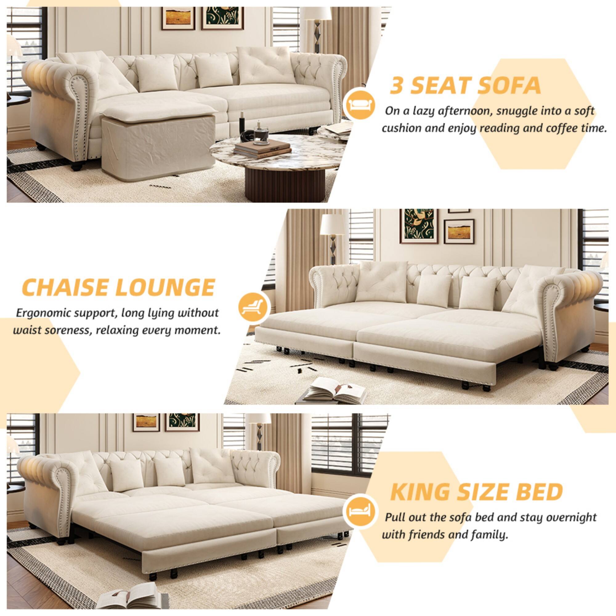 3 SEAT SOFA  
On a lazy afternoon, snuggle into a soft cushion and enjoy reading and coffee time.  

CHAISE LOUNGE  
Ergonomic support, long lying without waist soreness, relaxing every moment.  

KING SIZE BED  
Pull out the sofa bed and stay overnight with friends and family.