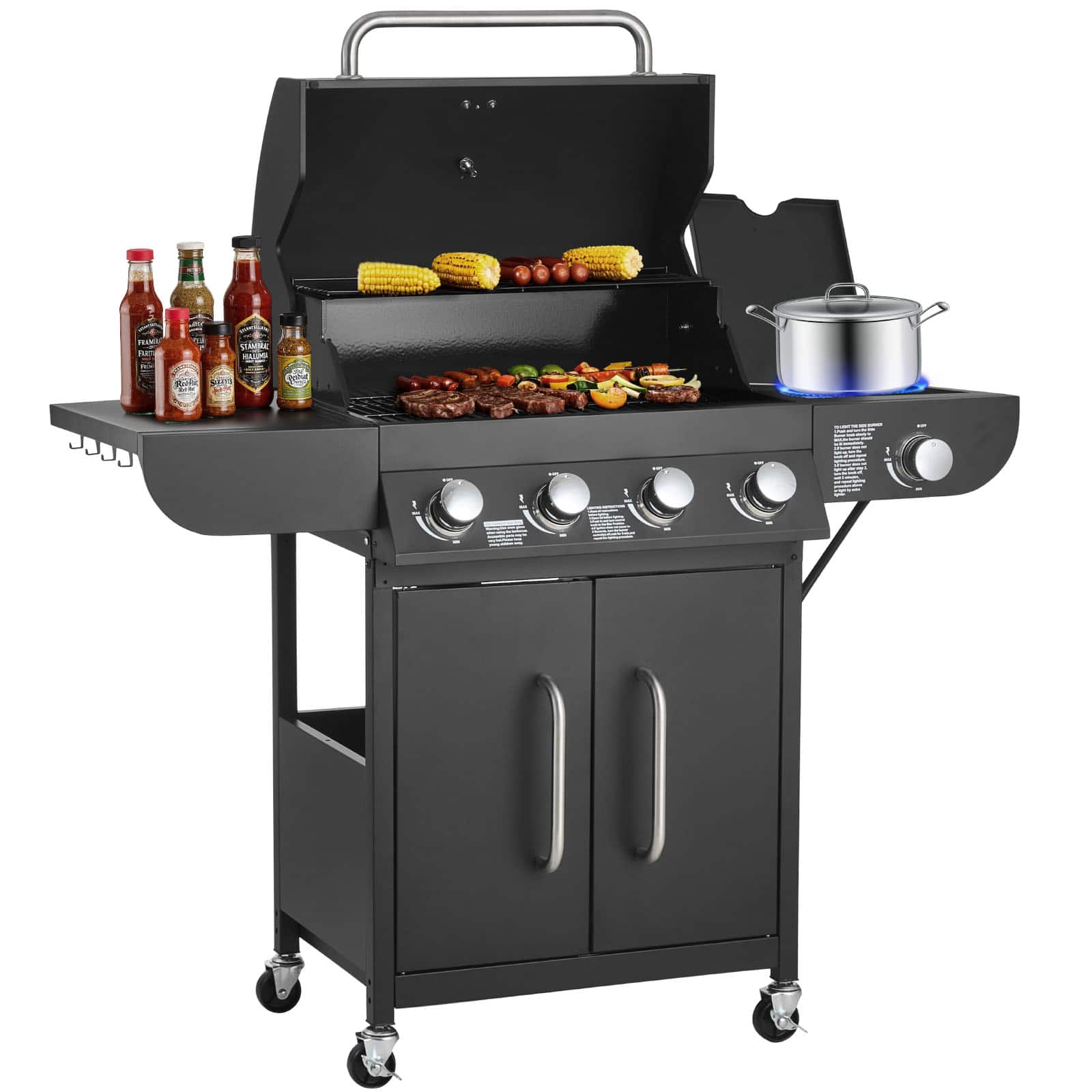 VEVOR - Gas Grill, 4 Burner Propane Gas Grill with Side Burner, 425 SQ.In Grilling Area, Carbon Steel Enamel Grates - Black