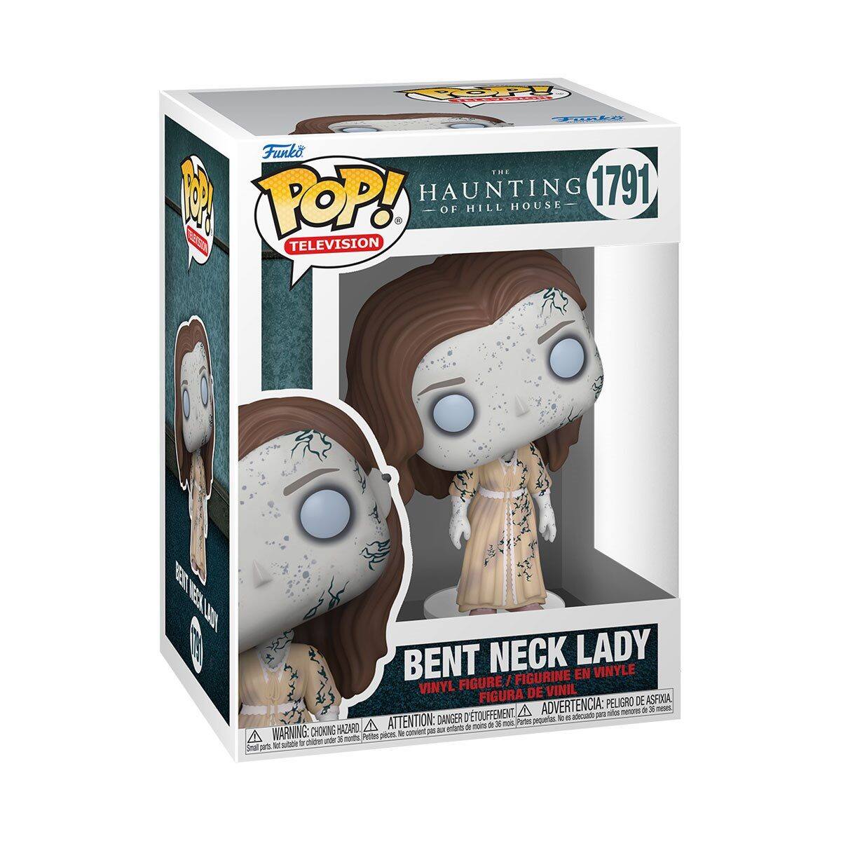 Sure, here is the corrected and grouped text from the image:

---

**Funko POP!**  
**TELEVISION**

**THE HAUNTING OF HILL HOUSE**  
**1791**

**BENT NECK LADY**  
**VINYL FIGURE / FIGURINE EN VINYLE / FIGURA DE VINIL**

**WARNING: CHOKING HAZARD**  
**ATTENTION: DANGER DE TOUFFEMENT**  
**ADVERTENCIA: PEIGURO DE ASFIA**  
**Pequeños partes, no aptos para niños menores de 3 años.**

**BENT NECK LADY**  
**VINYL FIGURE / FIGURINE EN VINYLE / FIGURA DE VINIL**

**WARNING: CHOKING HAZARD**  
**ATTENTION: DANGER DE TOUFFEMENT**  
**ADVERTENCIA: PEIGURO DE ASFIA**  
**Pequeños partes, no aptos para niños menores de 3 años.**

---

This text is grouped and corrected for clarity.