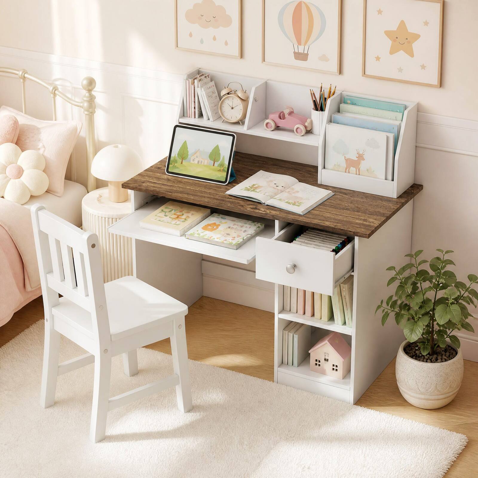 Alt View 1. Costway - Costway Kids Study Desk, Wooden Writing Table with Keyboard Tray & Drawer,Side Bookshelf - Natural.