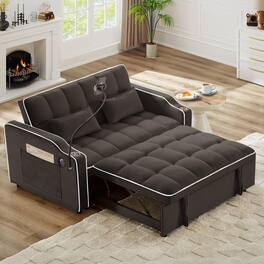 Trinkets Crazed - Sleeper Sofa Couch Bed with Phone Holder, 3-in-1 Convertible Velvet Pull Out Loveseat Futon Sofa with USB & Cup Holder - Brown