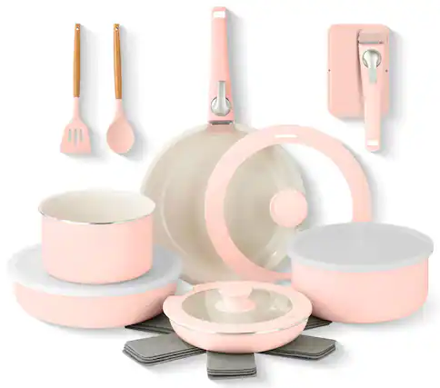 Front. Gotham Steel - Gotham Steel Nonstick Pots and Pans 18 Piece Ceramic Induction Cookware Kitchen Set Detachable Handles Frying Skillet - Pink.