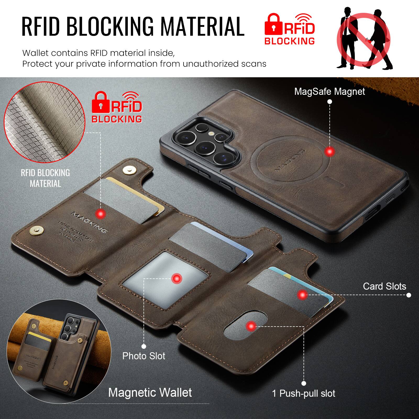 RFID BLOCKING MATERIAL

Wallet contains RFID material inside, Protect your private information from unauthorized scans

RFID BLOCKING MATERIAL

RFiD BLOCKING MagSafe Magnet

RFID BLOCKING MATERIAL

VADCNO IE N MAGKING 2 COTRANS 0C ECA

Card Slots

Photo Slot

Magnetic Wallet

1 Push-pull slot