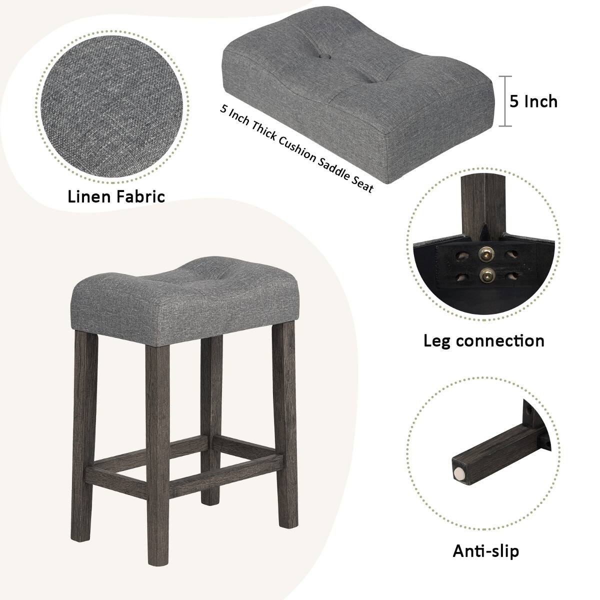 Linen Fabric  
5 Inch Thick Cushion Saddle Seat  
1 Inch  
Leg connection  
Anti-slip
