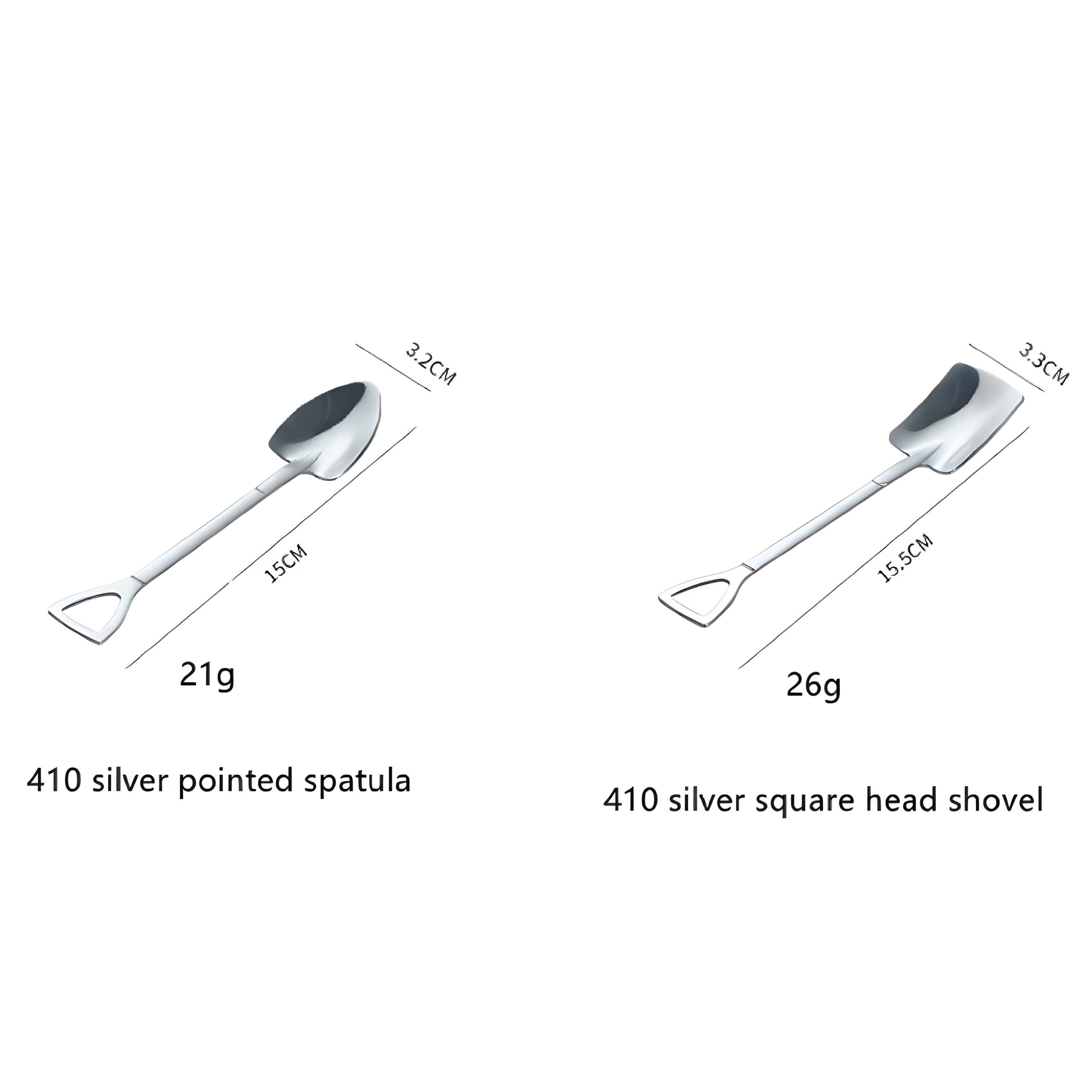 3.2CM  
15CM  
21g  
410 silver pointed spatula  

3.3CM  
15.5CM  
26g  
410 silver square head shovel