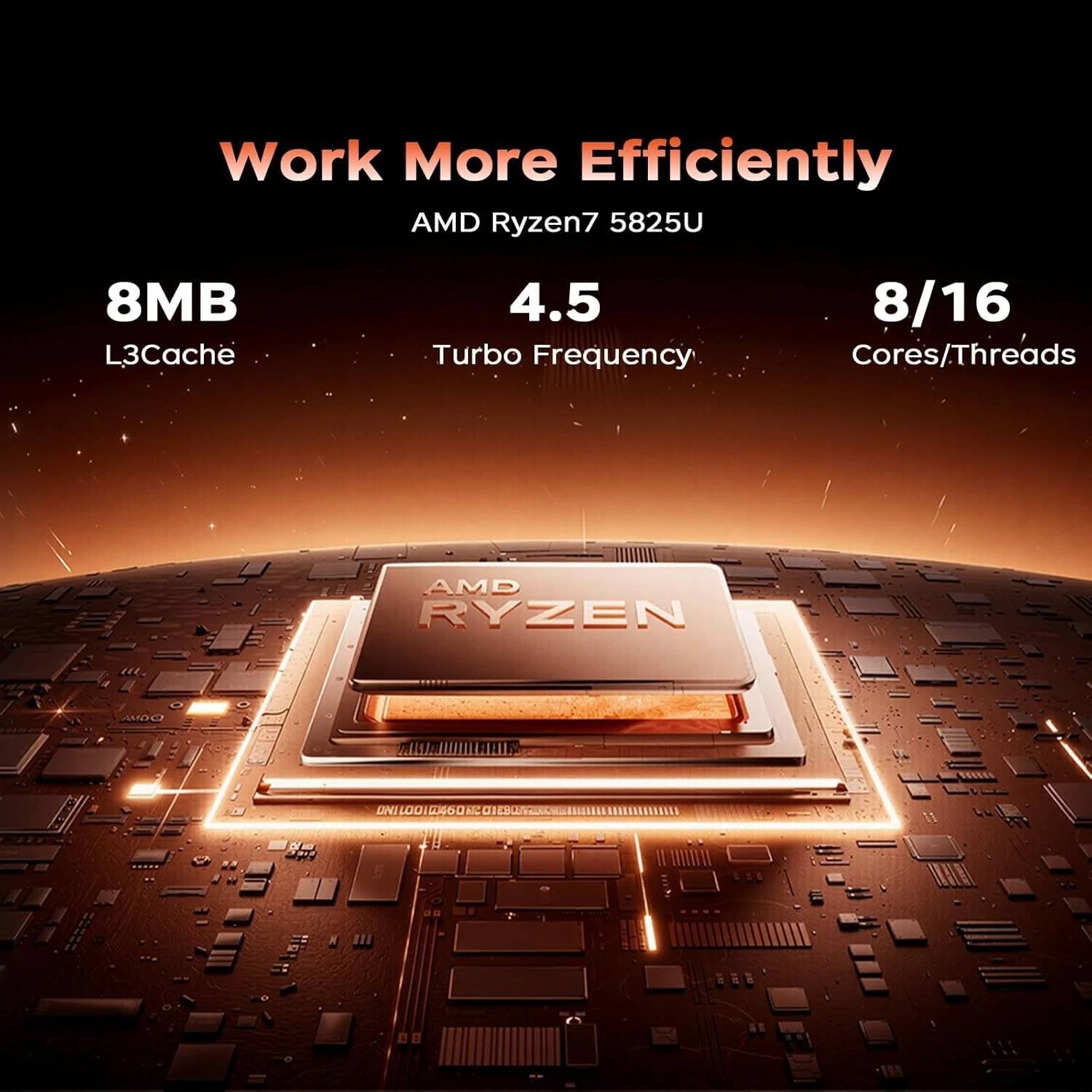 Work More Efficiently  
AMD Ryzen7 5825U  
8MB L3Cache  
4.5 Turbo Frequency  
8/16 Cores/Threads
