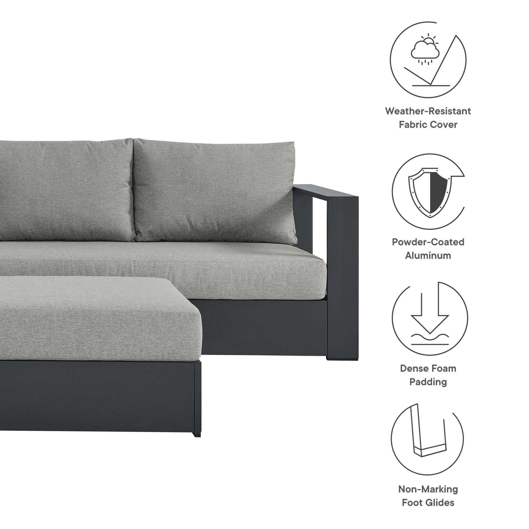 Weather-Resistant Fabric Cover  
Powder-Coated Aluminum  
Dense Foam Padding  
Non-Marking Foot Glides