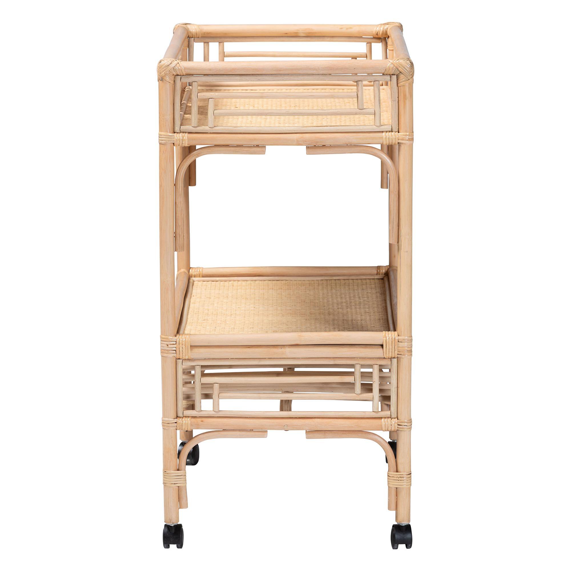 Left. bali & pari - Molina Natural Rattan Wine Cart - 2-Tier Beverage Trolley with Wheel and Bottle Holders, Tropical Coastal Furniture - Natural Brown/Black.