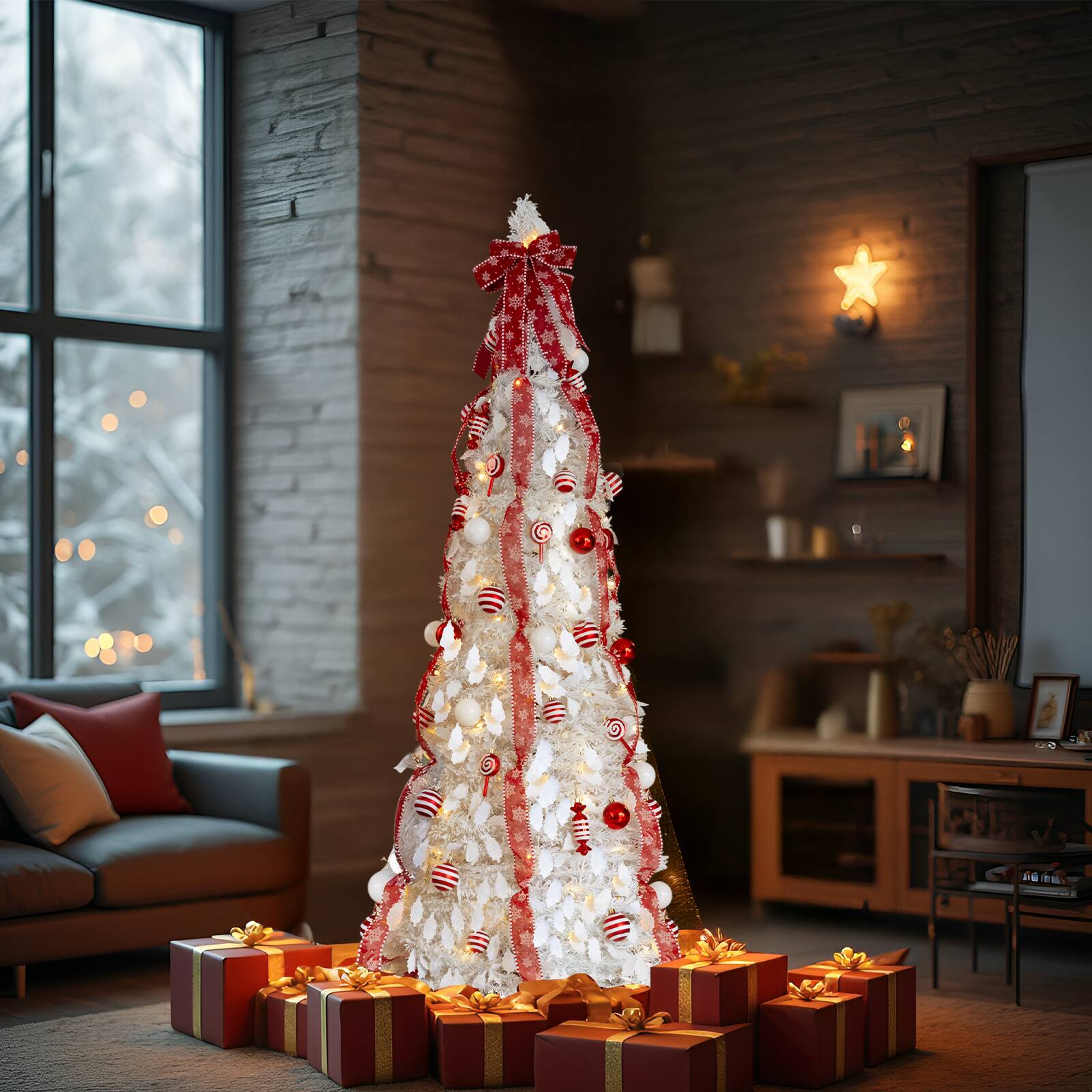 Alt View 7. VAVSEA - 6 ft Fully Decorated Pre-Lit Pop Up Christmas Tree with 100 Warm Lights & Red Ornaments for Holiday Decor, White - White.