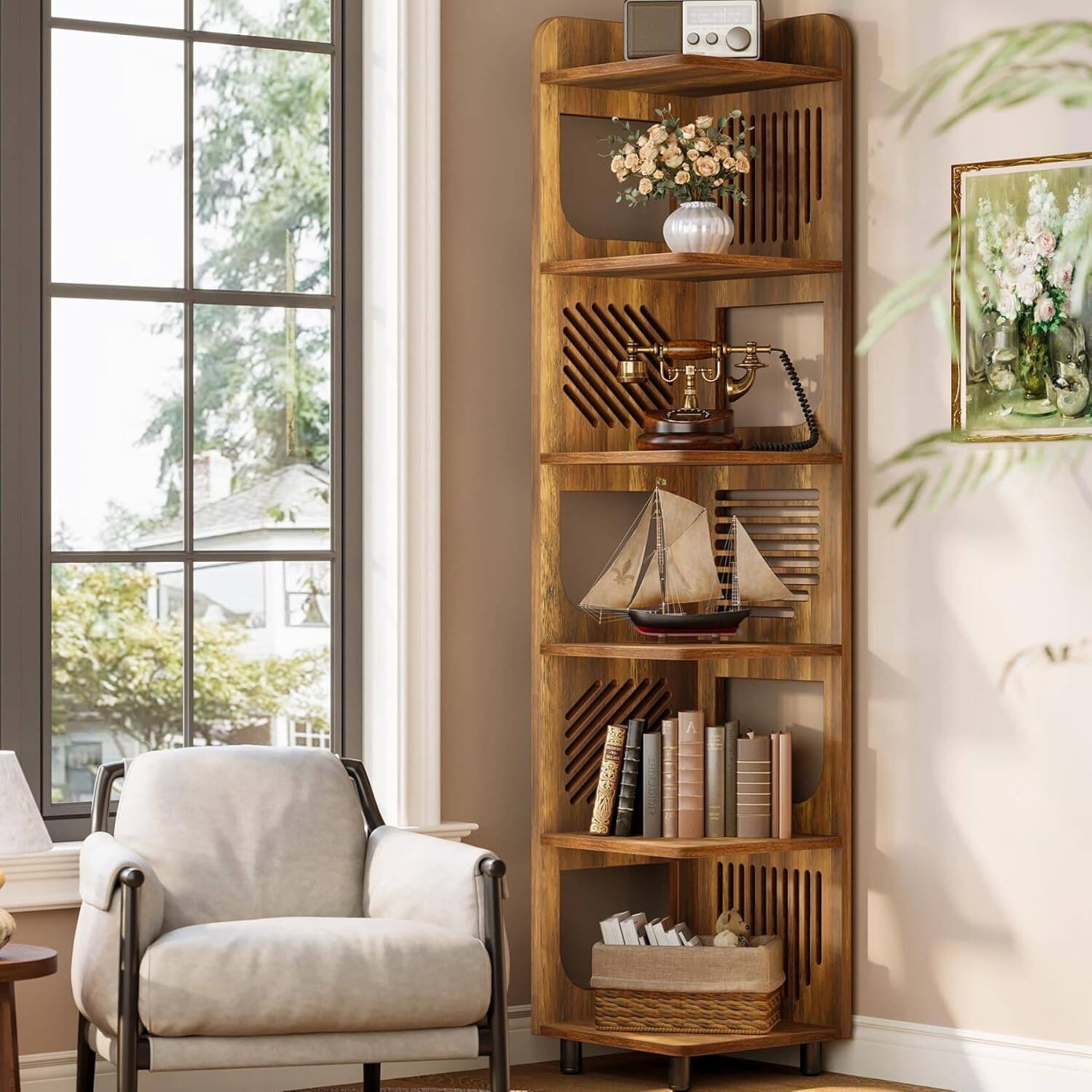 Tribesigns - Corner Bookshelf with Engineered Wood Construction and Space-Saving Design for Living Room and Bedroom - Brown