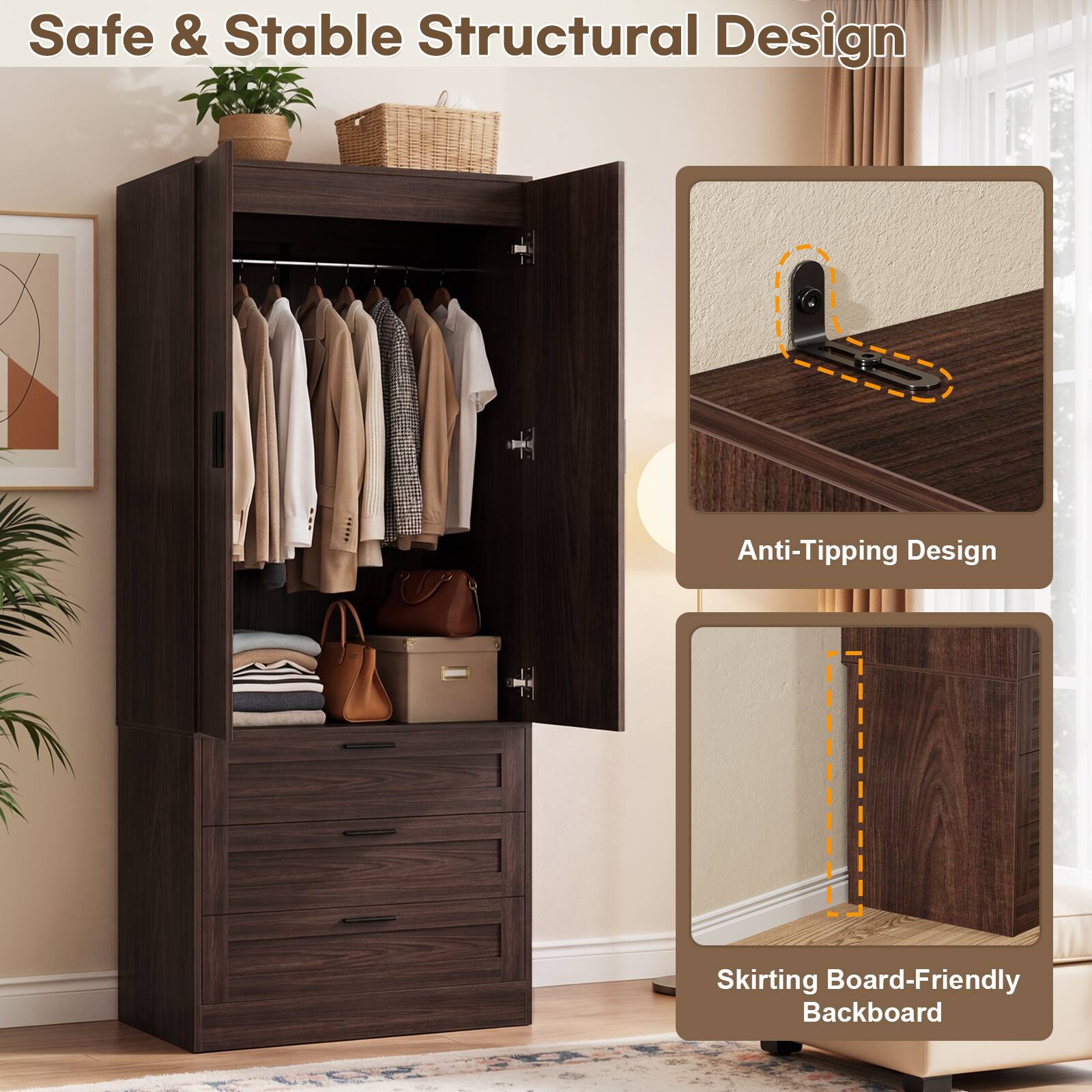 Safe & Stable Structural Design

Anti-Tipping Design

Skirting Board-Friendly Backboard