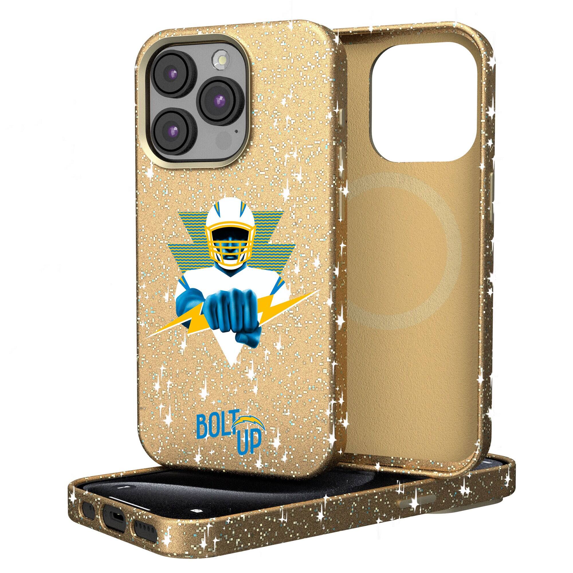 Front. Keyscaper - Gold Los Angeles Chargers 2024 Illustrated Limited Edition Bling iPhone Case - 14 Pro - Gold.