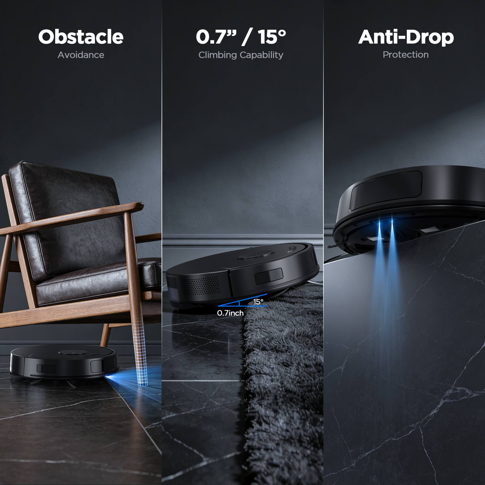 Obstacle Avoidance  
0.7" / 15° Climbing Capability  
Anti-Drop Protection