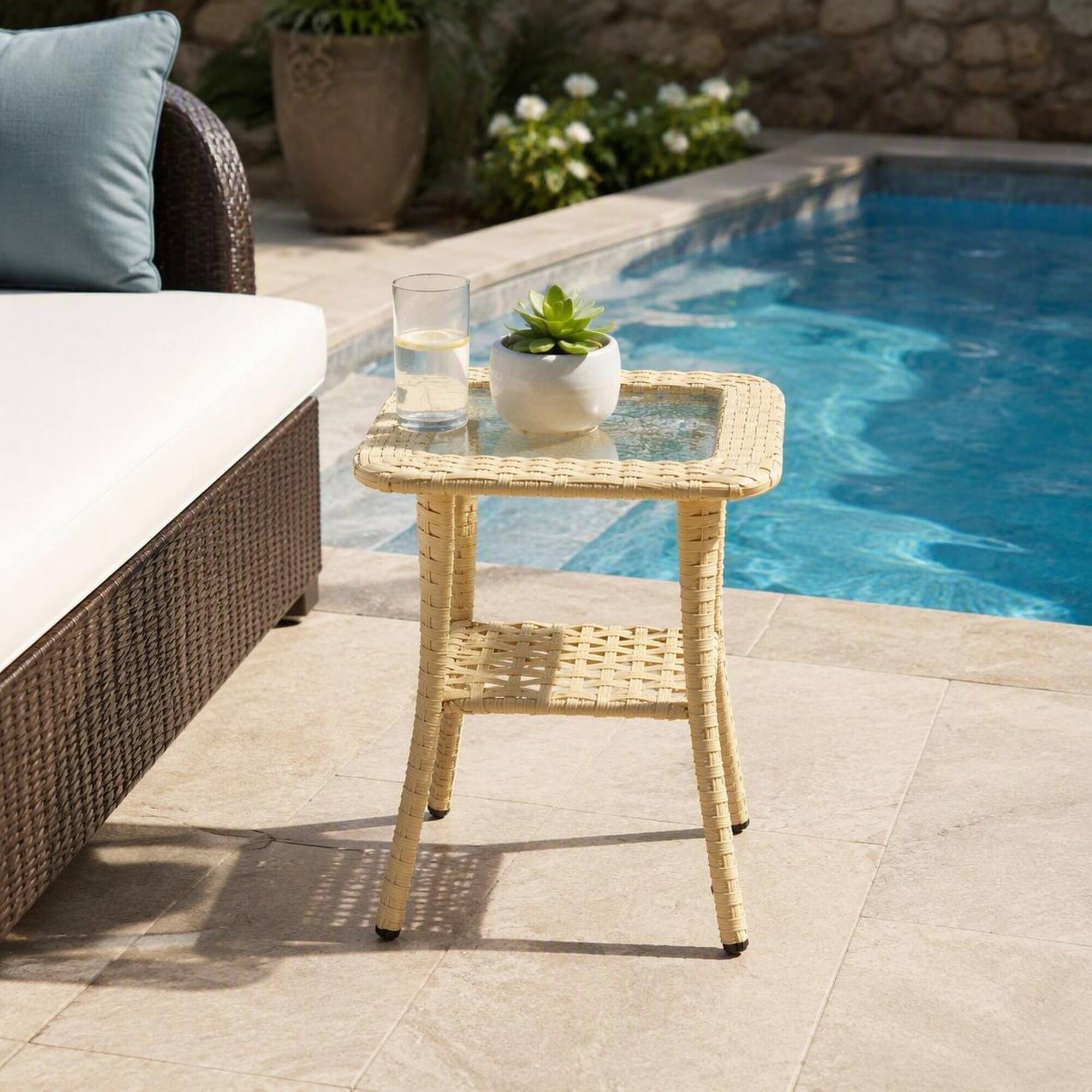 Alt View 1. RYHNUYNE - Outdoor 2-Tier Wicker Patio Side Table with Tempered Glass Top Storage Shelf,End Table for Balcony Garden Porch - Yellow.