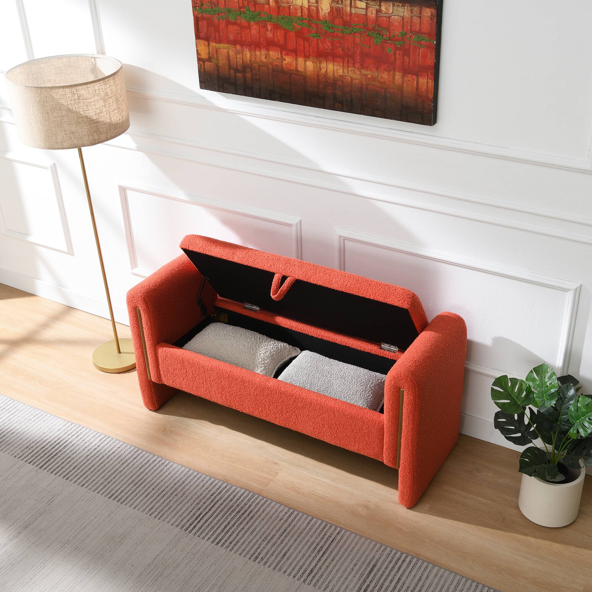 Left. GOODSILO - Modern Upholstered Storage Bench with Arms, Large Foot Rest Stool for Living Room and Bedroom - Orange.