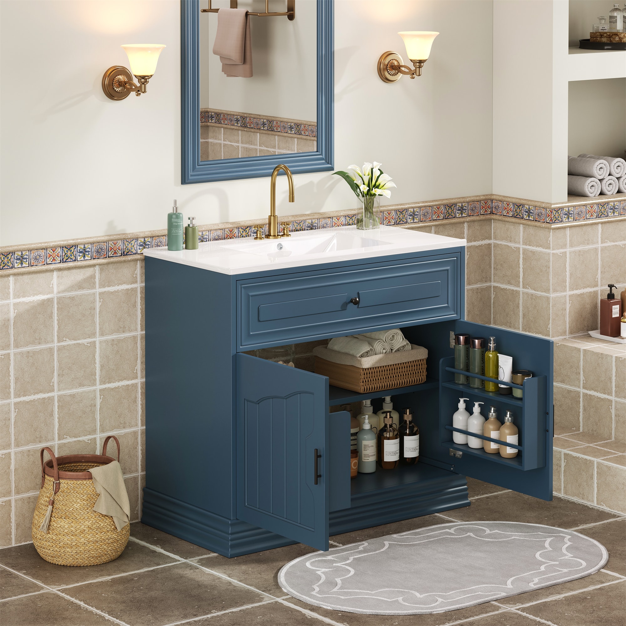 Tiramisubest - 36" Bathroom Vanity with Ceramic Sink, Bathroom Vanities Cabinet, Bathroom Storage Cabinet - Blue