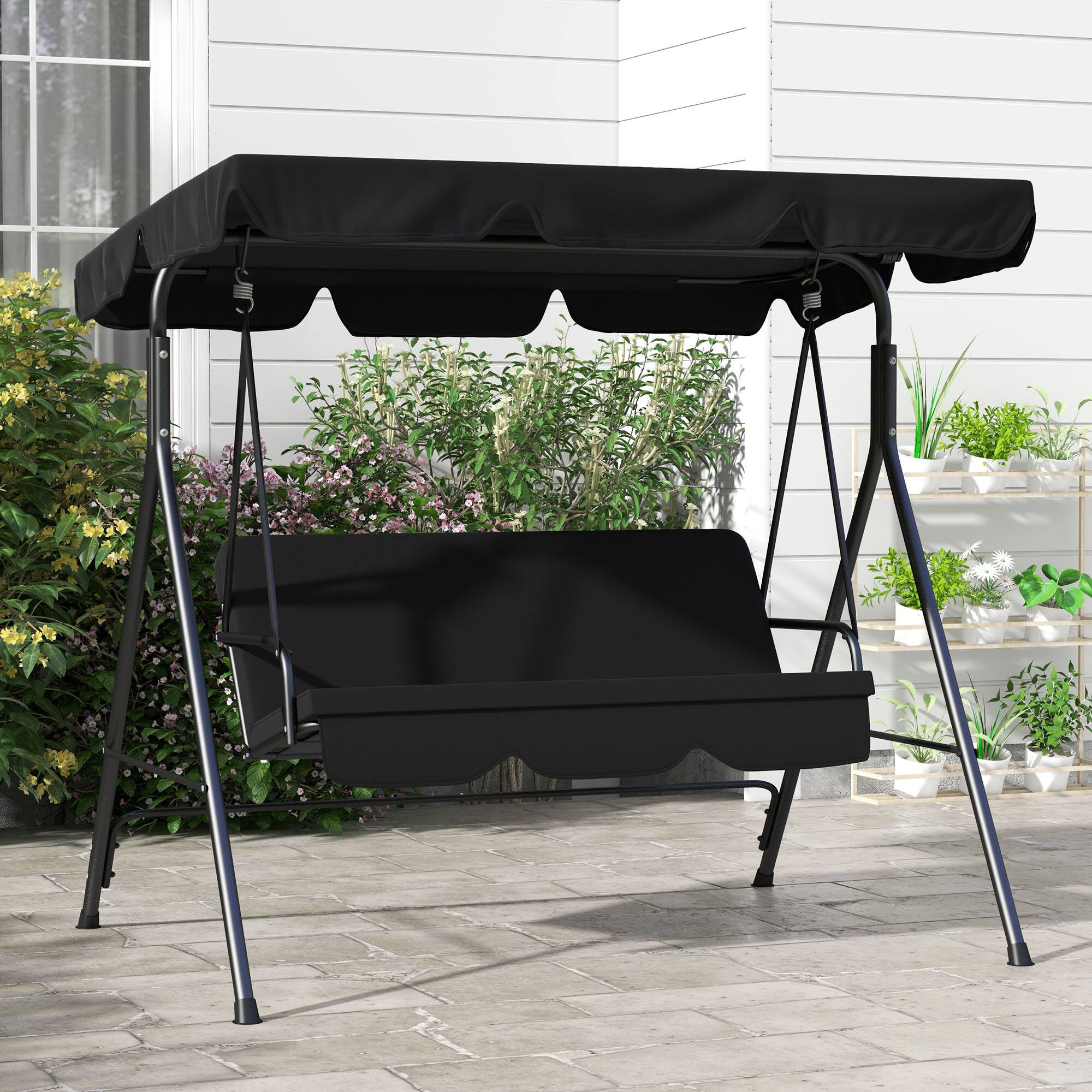 Alt View 7. Outsunny - 3-Seat Outdoor Patio Swing Chair with Removable Cushion, Steel Frame Stand and Adjustable Tilt Canopy - Black.