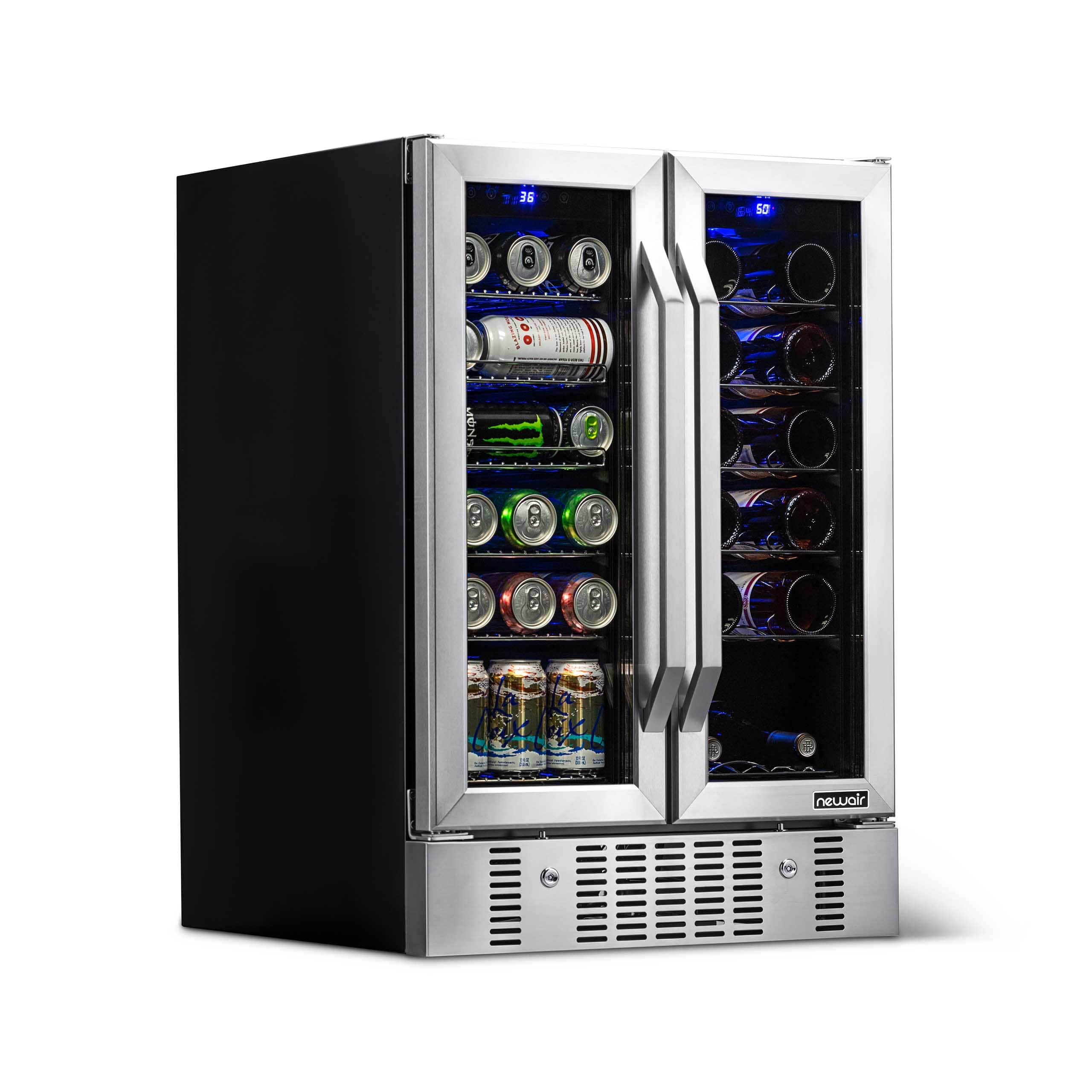 NewAir - 24" Built-in Dual Zone 18 Bottle and 58 Can Wine and Beverage Fridge with French Doors & Chrome Shelves - Stainless Steel - Front_Zoom