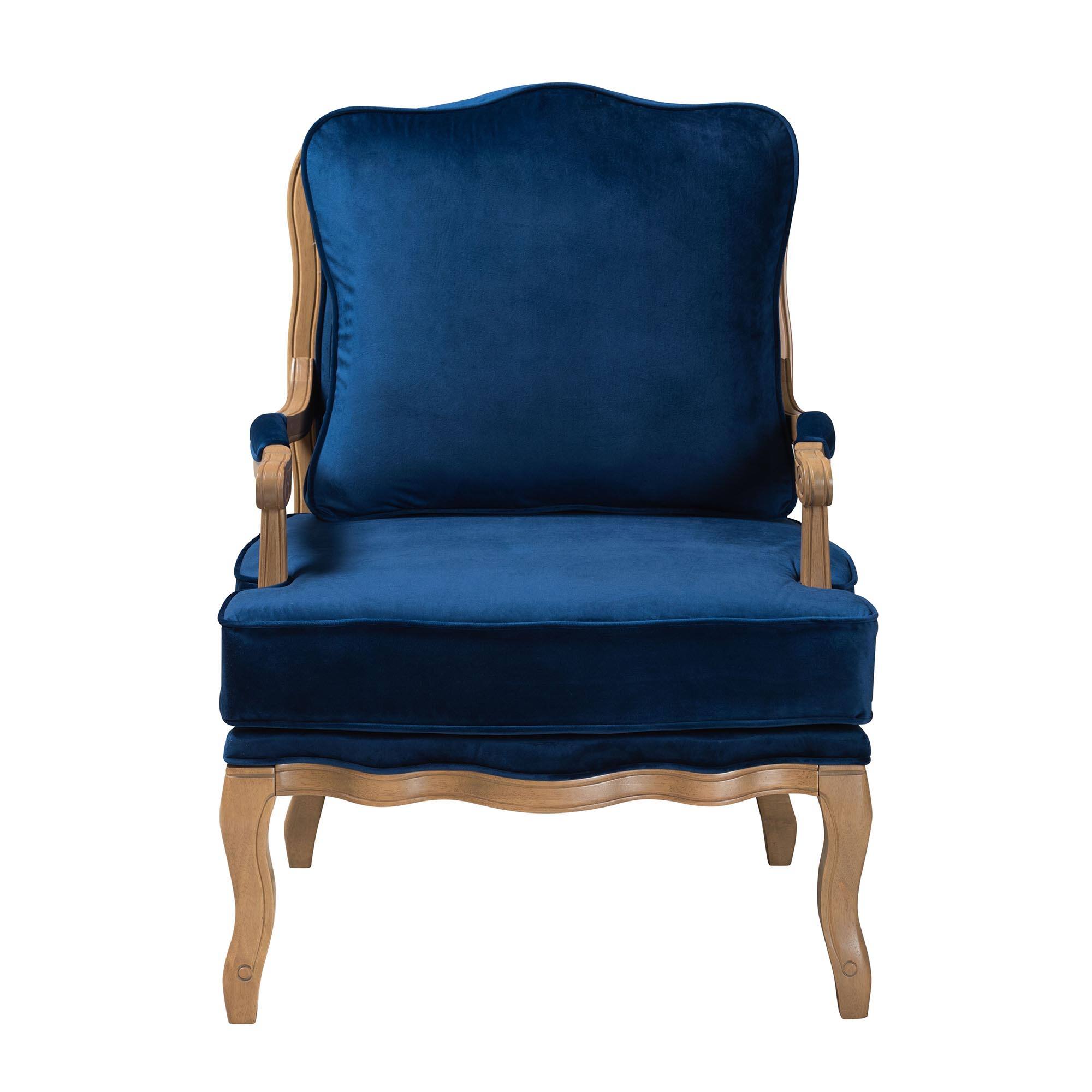 Angle. Baxton Studio - Jules Traditional Fabric and French Oak Finished Wood Accent Chair - Navy Blue/ French Oak.