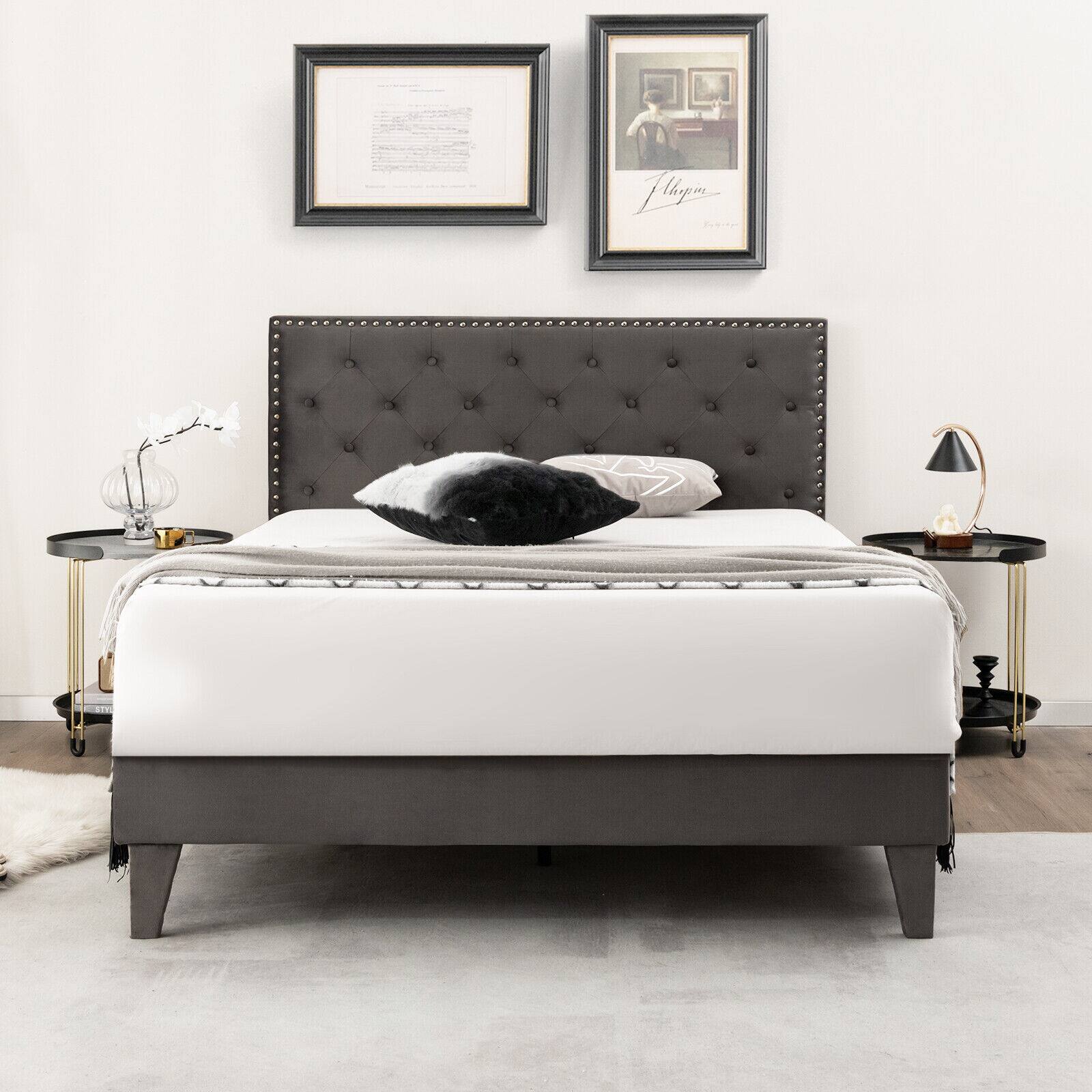 Alt View 7. Ecooso - Full Size Upholstered Bed Frame with Tufted Headboard - Gray.