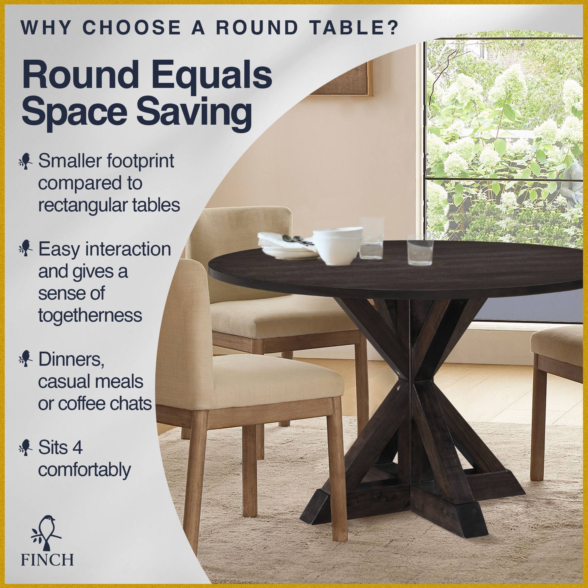Alt View 13. Finch - Alfred Round Modern Farmhouse Rubberwood Table - Rustin Dark Brown.