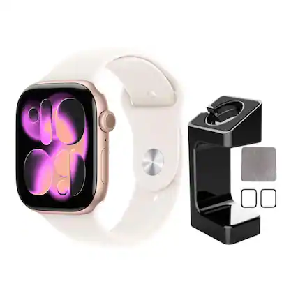 Front. Apple - Apple Watch Series 11 (GPS) 42mm Rose Gold Aluminum Case with Light Blush Sport Band - S/M With Accessories - Rose Gold.