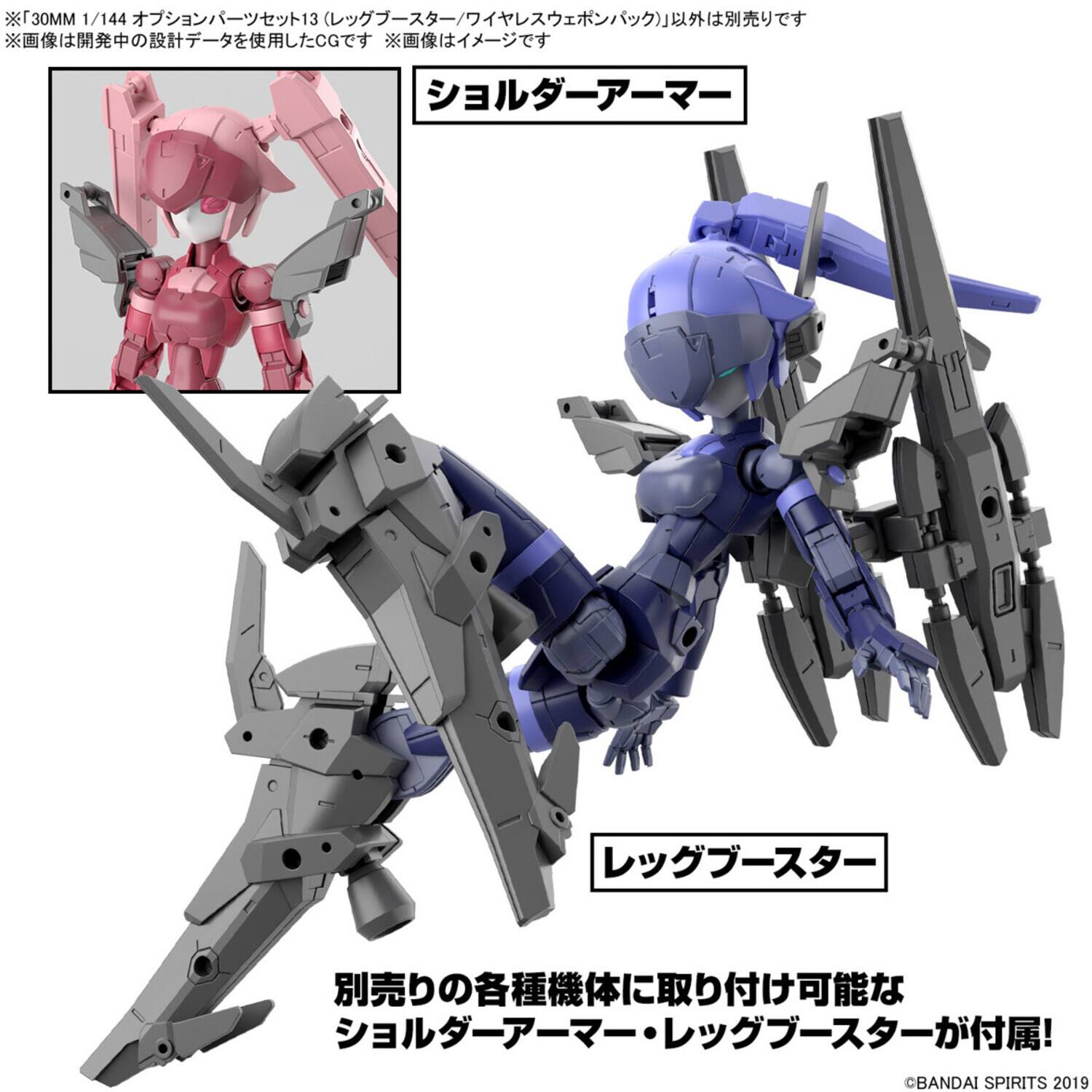 The text on the image can be grouped and corrected as follows:

**Top Left:**
- "30MM 1/144 オブジェクト13 グラブスター / ワイヤレス"
- "※画像は開発中の設計データを使用したCGです"
- "※画像はイメージです"

**Top Right:**
- "CG"
- "BANDAI SPIRITS 2019"

**Middle:**
- "シノルグアーマー"

**Bottom:**
- "レグブースター"
- "別売りの各種 シノルグアーマー シリーズのグブスターを機体に取り付け可能!"

**Bottom Right:**
- "機体取り付け可能なグブスターがリリース!"
- "BANDAI SPIRITS 2019"

This text appears to be related to a model kit, specifically a 1/144 scale model of a "Grabstar" object, with additional "Sinoruga Armor" parts available for purchase.