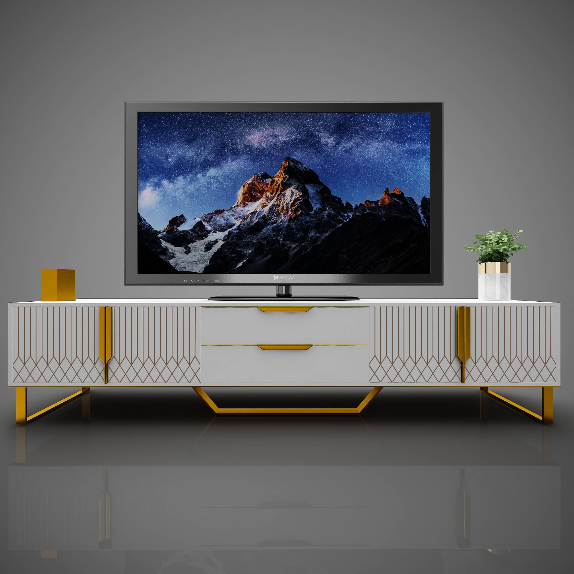 Front. APRILSOUL - TV Console with Storage Cabinets Carve Design TV Stand with Metal Legs Large Storage Space Modern Entertainment Center - White.