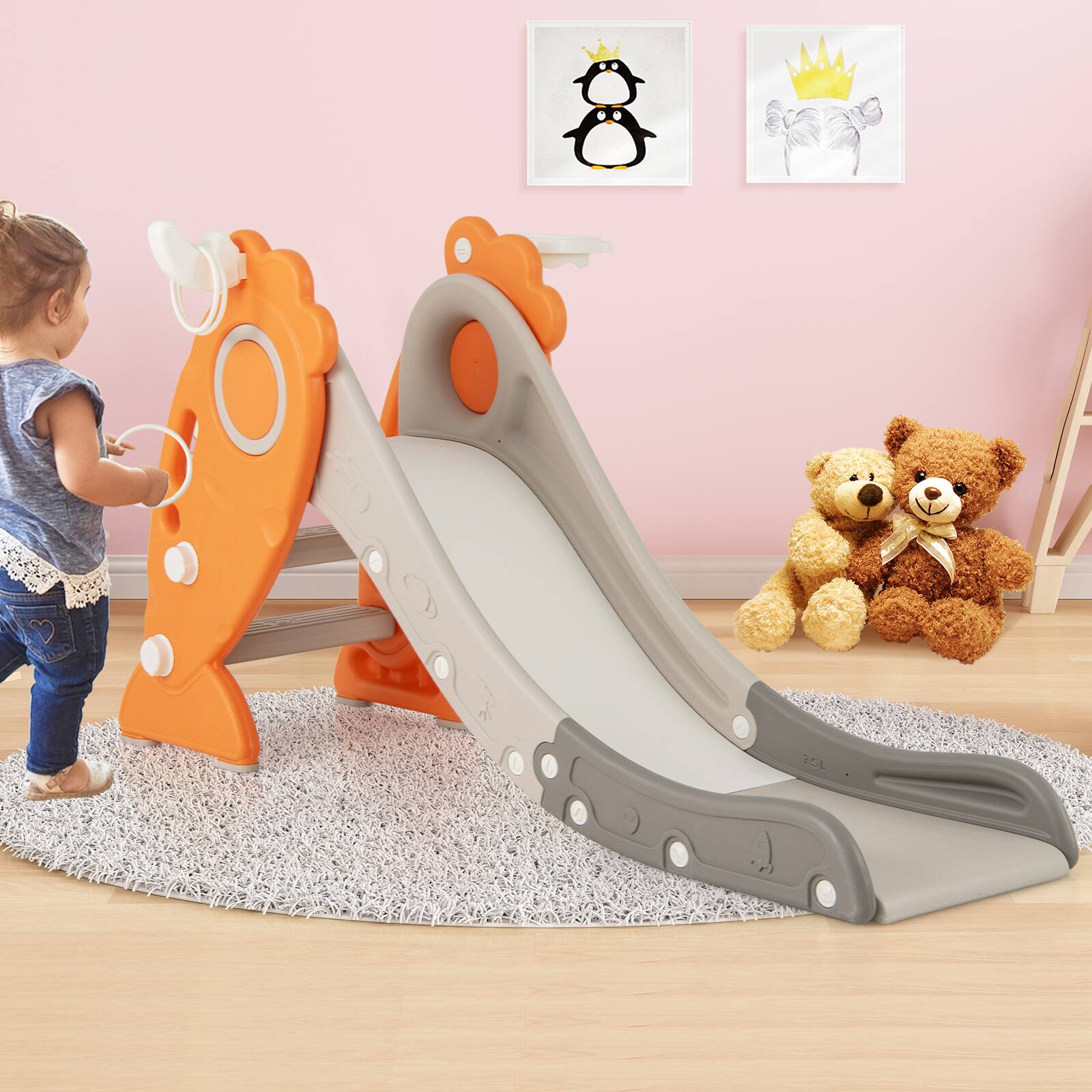 Alt View 3. Gymax - Gymax 4-in-1 Toddler Slide w/ Basketball Hoop & Ball Ring Toss Game Easy Assembly - Orange, White, Gray.