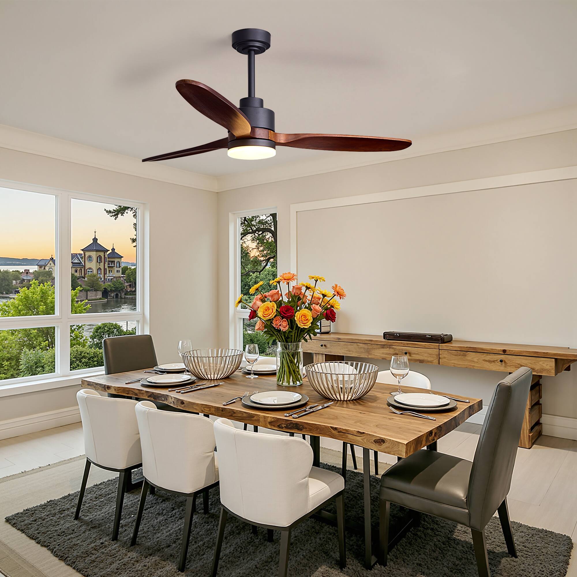 Left. Siljoy - 52 Inch Modern Ceiling Fan Light with Solid Wood Blades Adjustable Downrod Suitable for Living Room Bedroom Foyer - Brown.