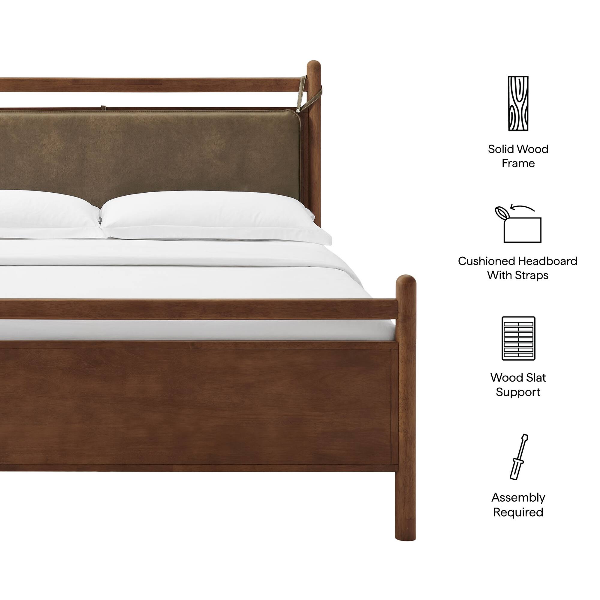Solid Wood Frame  
Cushioned Headboard With Straps  
Wood Slat Support  
Assembly Required