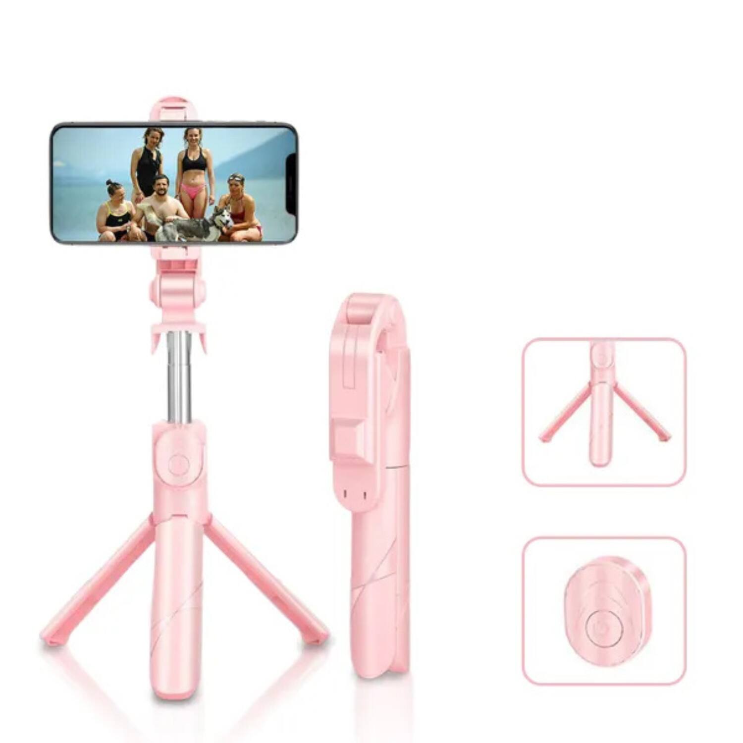 Front. Stock Preferred - High Low Retractable Selfie Tripod with Bluetooth Remote - Pink - Pink.
