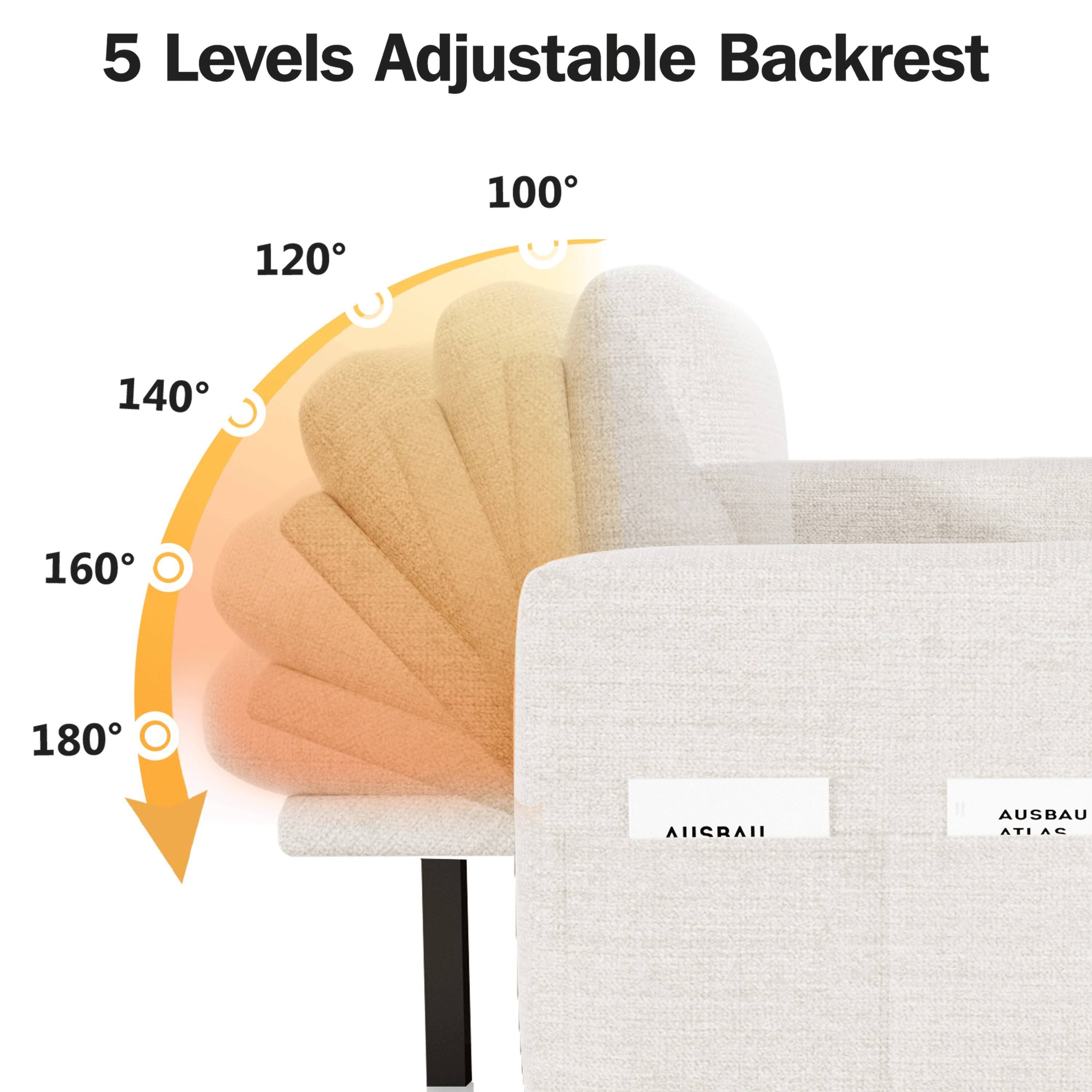 5 Levels Adjustable Backrest

120° 100° 140° 160° 180°

AUSBAU
ATLAS