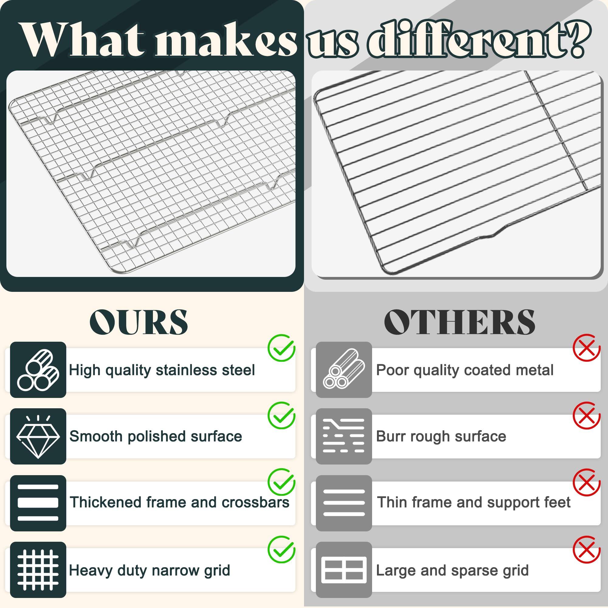What makes us different?

**OURS**
- High quality stainless steel
- Smooth polished surface
- Thickened frame and crossbars
- Heavy duty narrow grid

**OTHERS**
- Poor quality coated metal
- Burr rough surface
- Thin frame and support feet
- Large and sparse grid