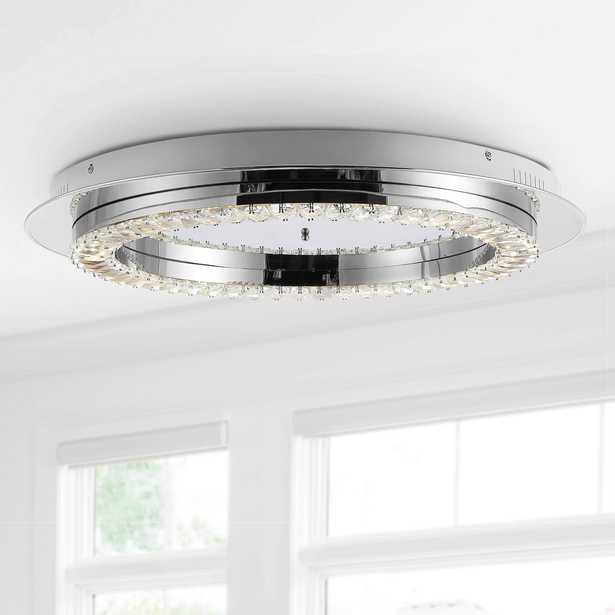 Alt View 1. Jonathan Y - Cristal 24" Integrated Iron/Crystal Glam LED Flush Mount, Chrome/Clear - Chrome.