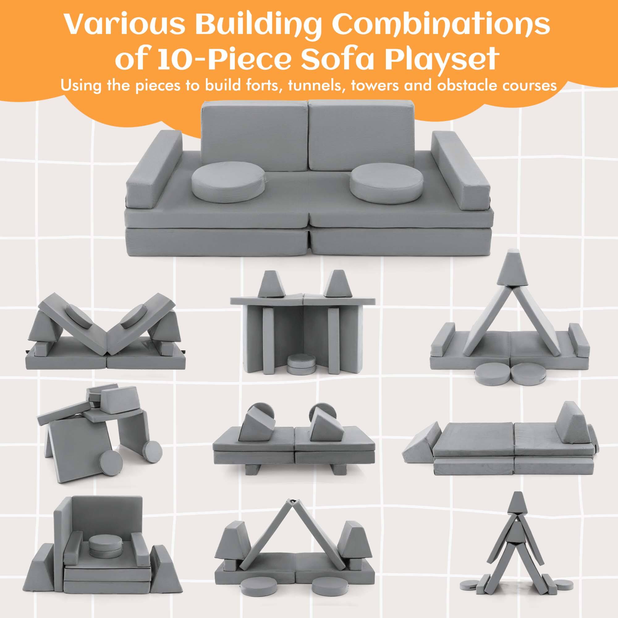 Various Building Combinations of 10-Piece Sofa Playset

Using the pieces to build forts, tunnels, towers, and obstacle courses