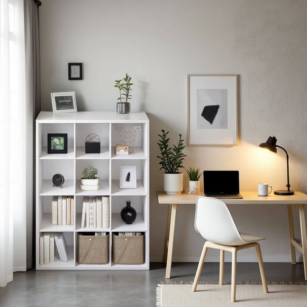Angle. FurniFact - White Engineered Wood 12 Shelf Open Back Storage with Modern Display Design - White.