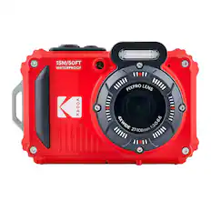 The image features a red Kodak Pixpro camera with a waterproof lens. The lens has a 4x wide angle, with a focal length of 1:3.0-6.6 and a range of 27-108mm. The camera is designed to be waterproof, making it suitable for use in various weather conditions and environments.