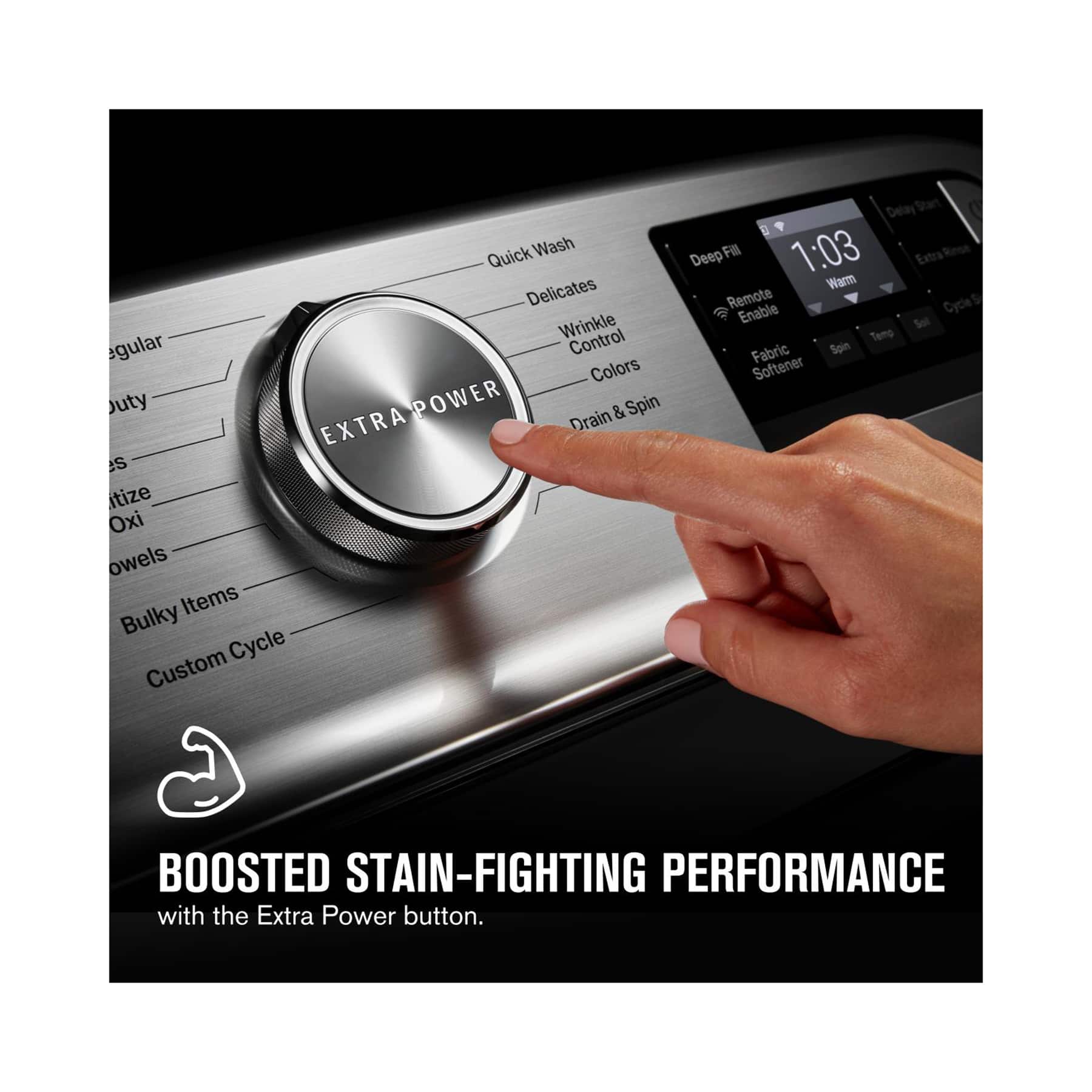 The text on the image is grouped and corrected as follows:
1. Quick Wash Delicates Wrinkle Control: This feature is designed to handle delicate items with care, ensuring they are washed gently and efficiently.
2. Regular Colors: This setting is for washing regular color items, providing a standard wash cycle that is suitable for most clothing.
3. Jeans & Bulky Cycle: This setting is for washing jeans and other bulky items, which require a longer and more thorough wash cycle.
4. Custom Cycle: This feature allows you to customize your wash cycle according to your specific needs, such as washing a large number of items or washing items with special care requirements.
5. Delay Start: This feature allows you to set a delay in the start time of your wash cycle, which can be helpful if you need to run errands or attend to other tasks before your laundry is ready.
6. Deep Fill: This setting is for washing items that require a deeper fill of water, such as bedding or other bulky items.
7. Extra Warm Remote Cycle Enable: This feature allows you to enable the extra warm remote cycle, which is ideal for washing items that require a higher water temperature.
8. Extra Power Button: This button, as seen in the image, is used to activate the "Boosted Stain-Fighting Performance" feature, which provides an extra powerful wash cycle to help remove stubborn stains and dirt.