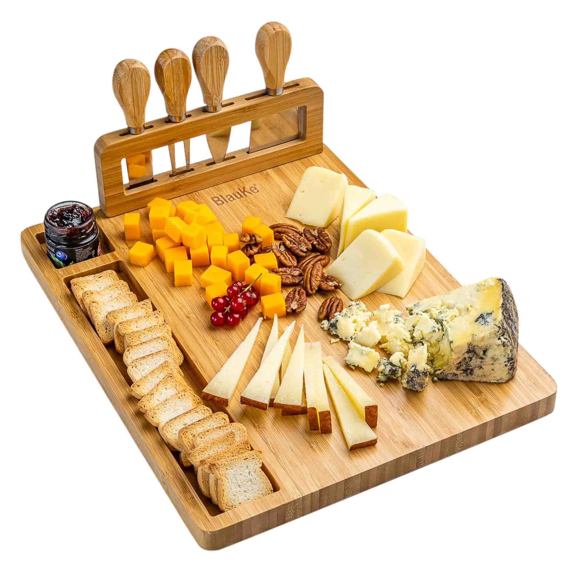 BlauKe - Bamboo Cheese Board and Knife Set - 14x11 inch Charcuterie Board with 4 Cheese Knives - Wood Serving Tray - Beige