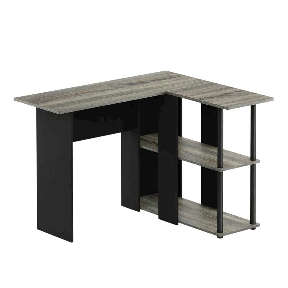 BisonOffice - L-Shape Desk with Bookshelf, Modern Computer Workstation - French Oak Grey/Black