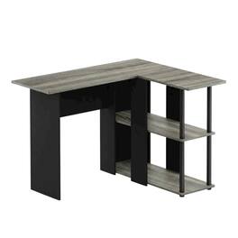 BisonOffice - L-Shape Desk with Bookshelf, Modern Computer Workstation - French Oak Grey/Black