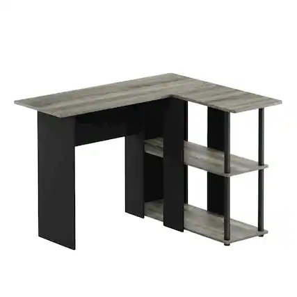 Front. BisonOffice - L-Shape Desk with Bookshelf, French Oak Grey/Black, Modern Computer Workstation - French Oak Grey/Black.